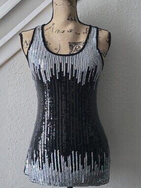 Vintage Say What? Sequin Tank Top Black Silver Sparkle Y2K McBling Medium